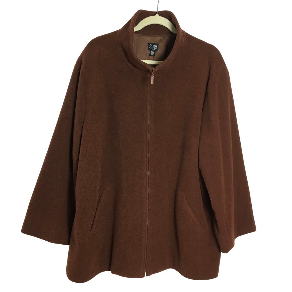 Eileen Fisher 2X 100% Wool Jacket Zip Front Rust Brown Pockets Mock Neck Coat